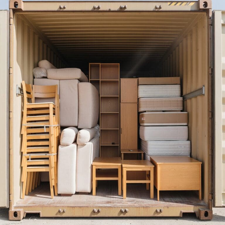 Drive-up container packed with client contents and project overflow boxes