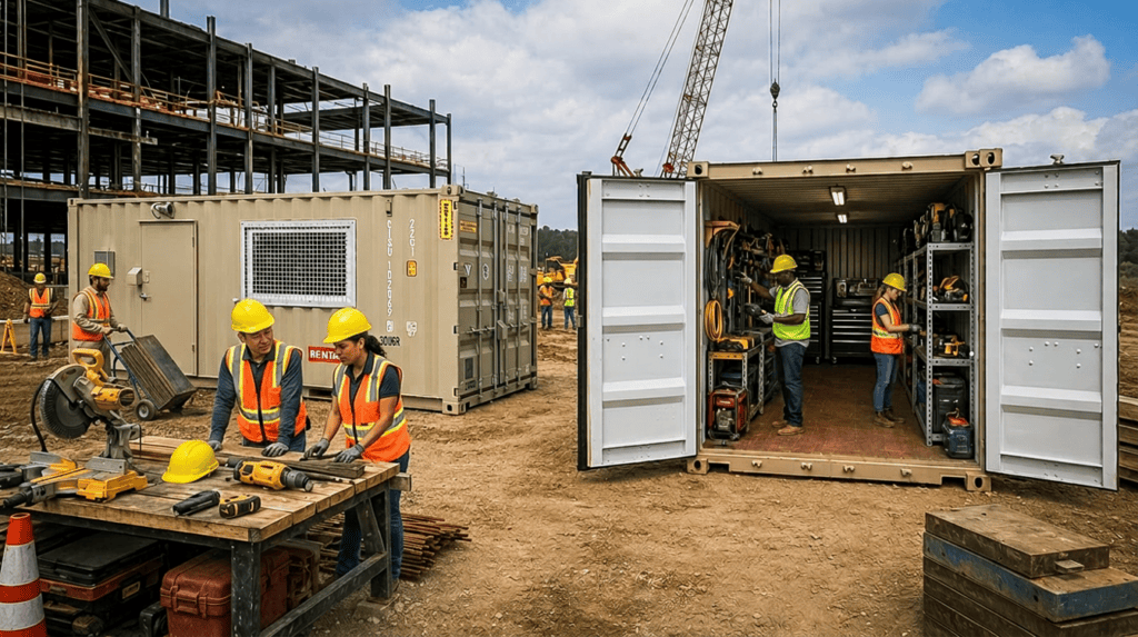 Worker loading commercial storage container at a jobsite