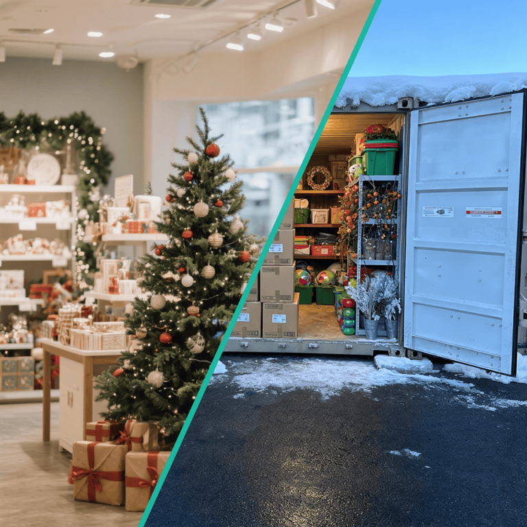 Retail inventory overflow and product boxes stored in a clean storage container