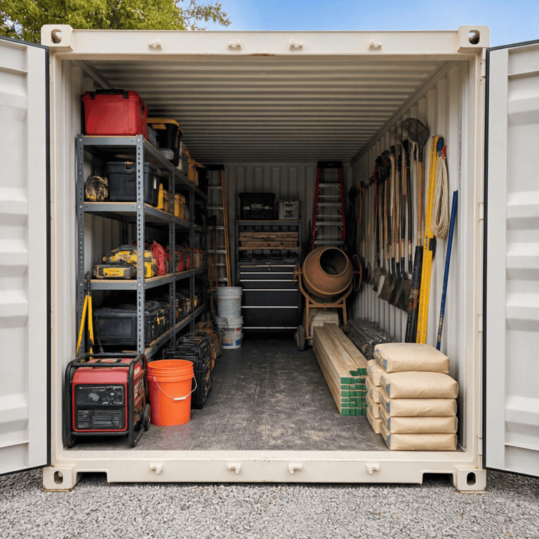 Contractor tools, power equipment, and jobsite materials inside a storage unit
