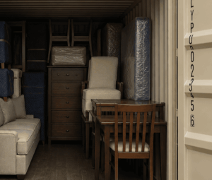 20-foot light tan drive-up shipping container storage unit with open doors